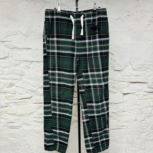 Roots Lounger Pajama Pants Cotton Flannel Green Black Plaid Drawstring Small - Picture 1 of 6